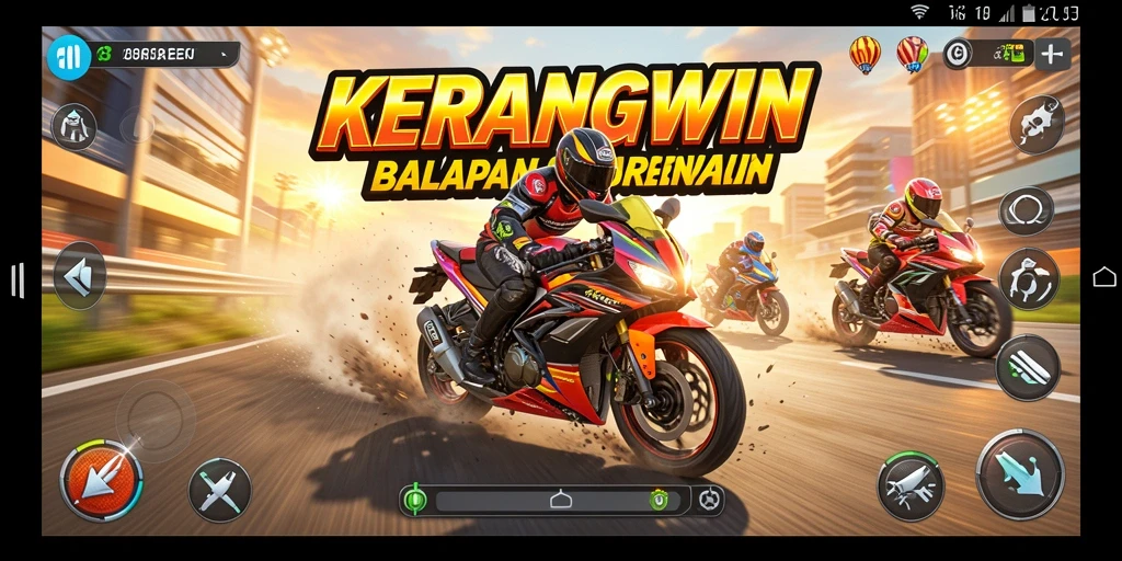 Tangkapan layar gameplay <strong>KERANGWIN</strong> menampilkan balapan motor yang mendebarkan.