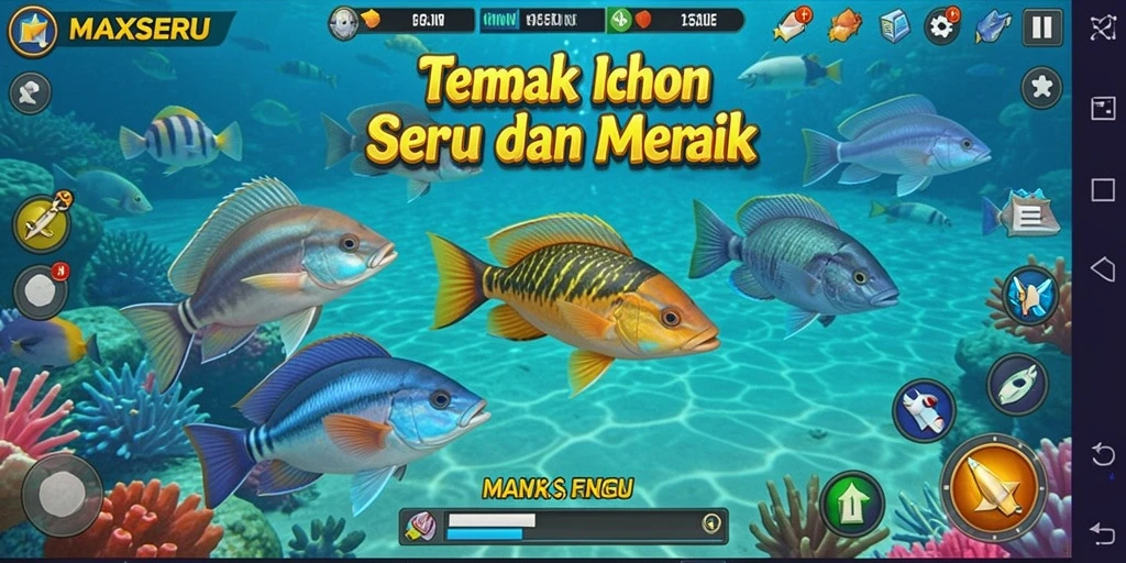 Screenshot gameplay MAXSERU menunjukkan aksi menembak ikan yang seru.