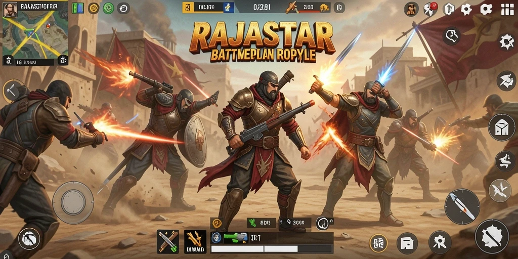 Tangkapan layar gameplay RAJASTAR menampilkan aksi seru dalam Battle Royale.
