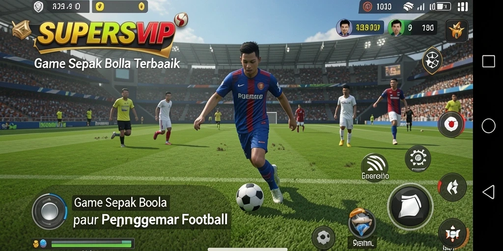 Tangkapan layar utama dari gameplay SUPERSVIP yang menampilkan aksi sepak bola yang mendebarkan.