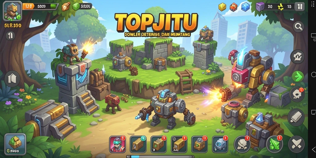 Tangkapan layar gameplay Tower Defense di TOPJITU menampilkan aksi seru.